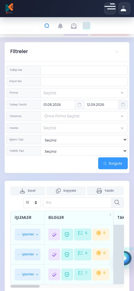 Mobil talep listesi; kişi ve firma bilgileri gizlenmiş ekran görüntüsü
