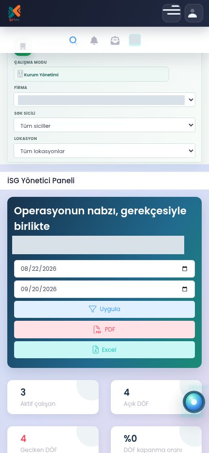 Mobil İSG kontrol merkezi; kişi ve firma bilgileri gizlenmiş ekran görüntüsü